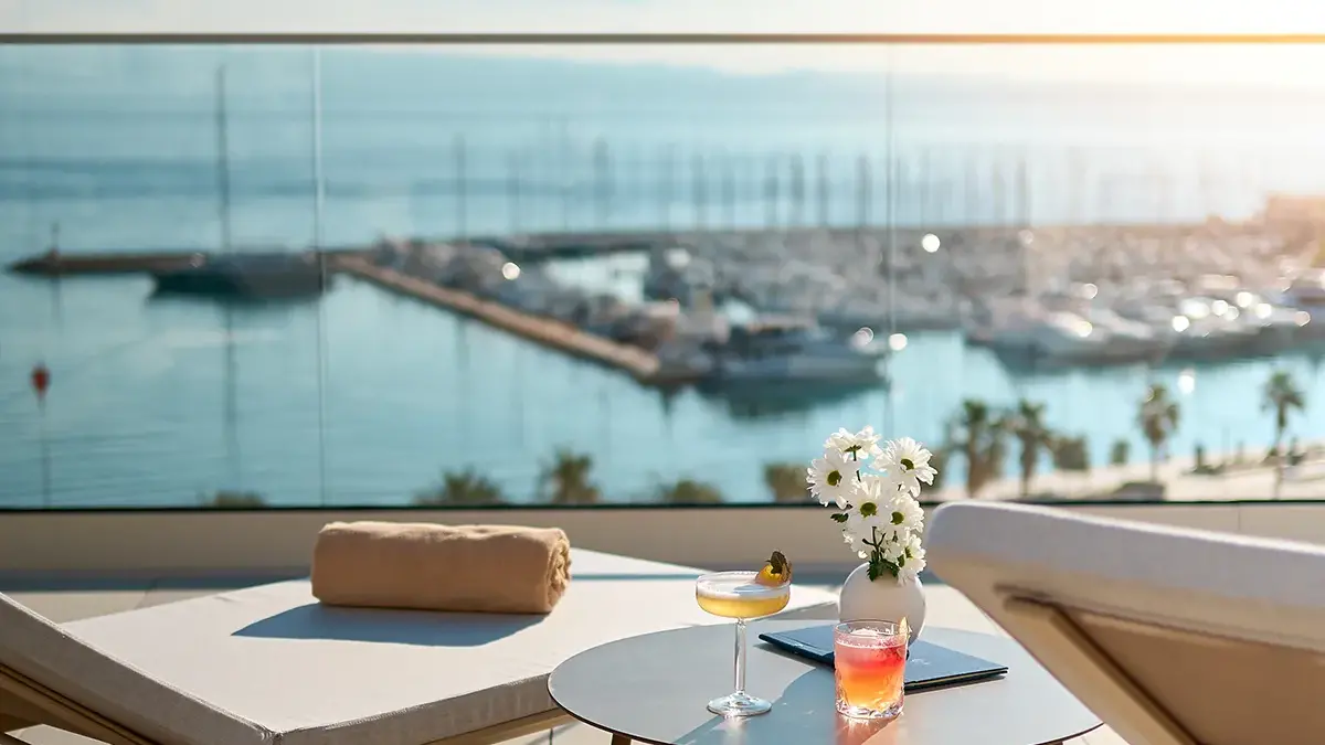 Sea view from the hotel rooftop with pool, lounge chairs and cocktails