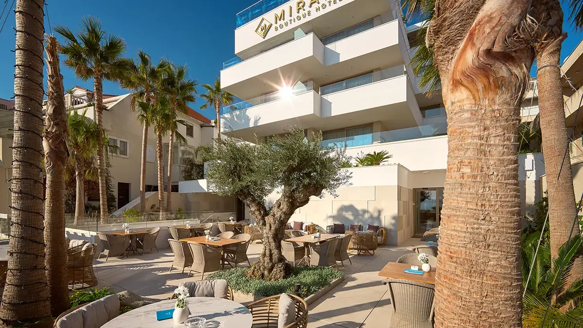 Restaurant terrace with palms, olive tree and a variety of plants in front of Boutique Hotel Mirari,